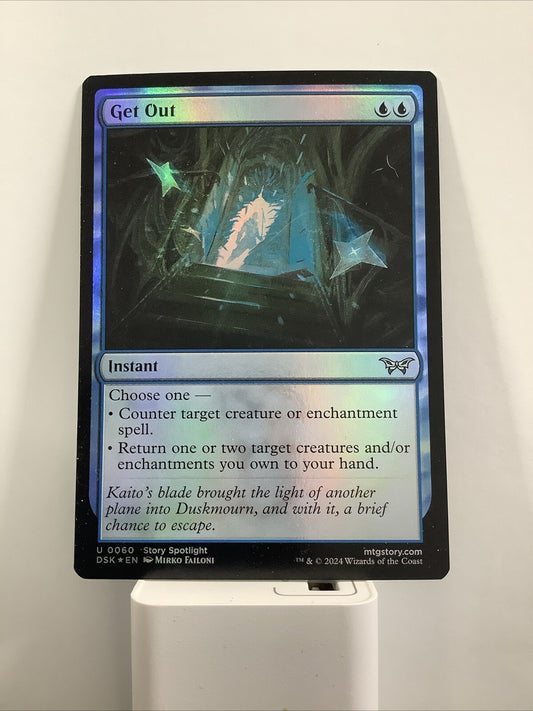 Magic: The Gathering foil Get Out instant card from Duskmourn House of Horror with reflective blue foil finish and glowing escape artwork