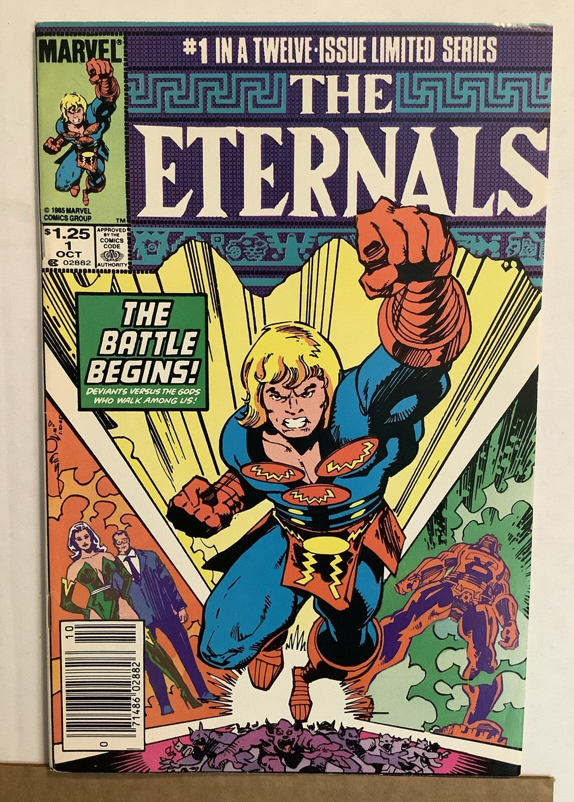 Cover of Eternals #1 Marvel Comics 1985 featuring an Eternal charging forward during a battle against the Deviants.