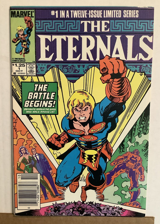 Cover of Eternals #1 Marvel Comics 1985 featuring an Eternal charging forward during a battle against the Deviants.