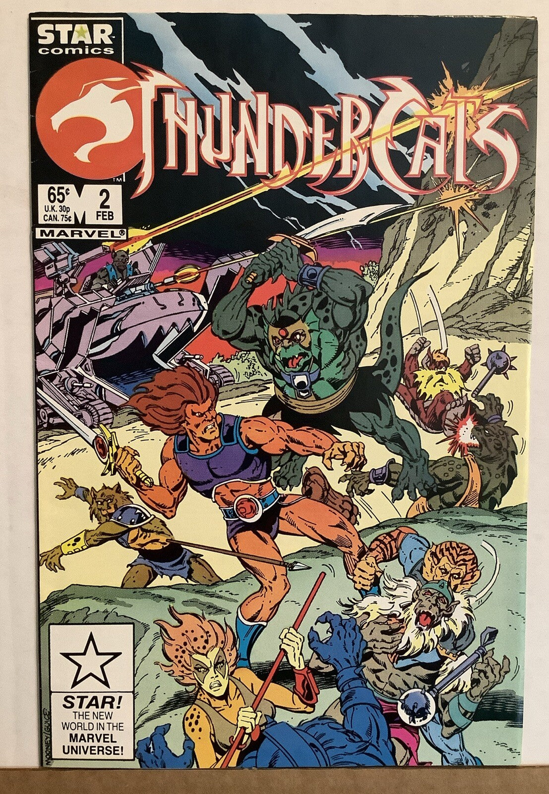 Cover of ThunderCats #2 Marvel Star Comics 1986 featuring Lion-O battling mutant enemies on a rocky battlefield.