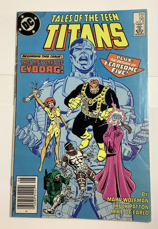 Tales of the Teen Titans #56 comic book cover with Cyborg and Fearsome Five (DC Comics 1985 Newsstand Edition)
