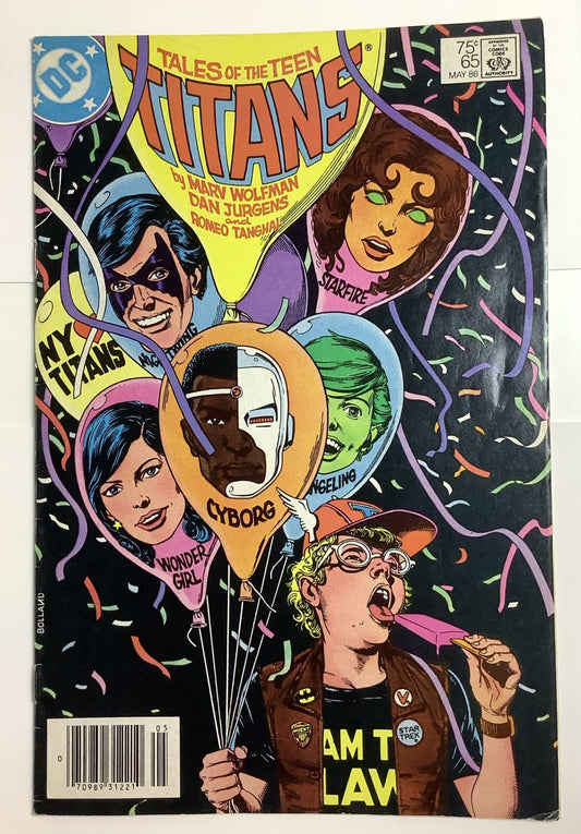 Tales of the Teen Titans #65 (1986) newsstand cover with Titans balloon party art
