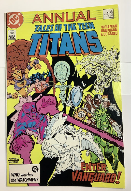 Tales of the Teen Titans Annual #4 cover with Titans team charging into battle against Vanguard
