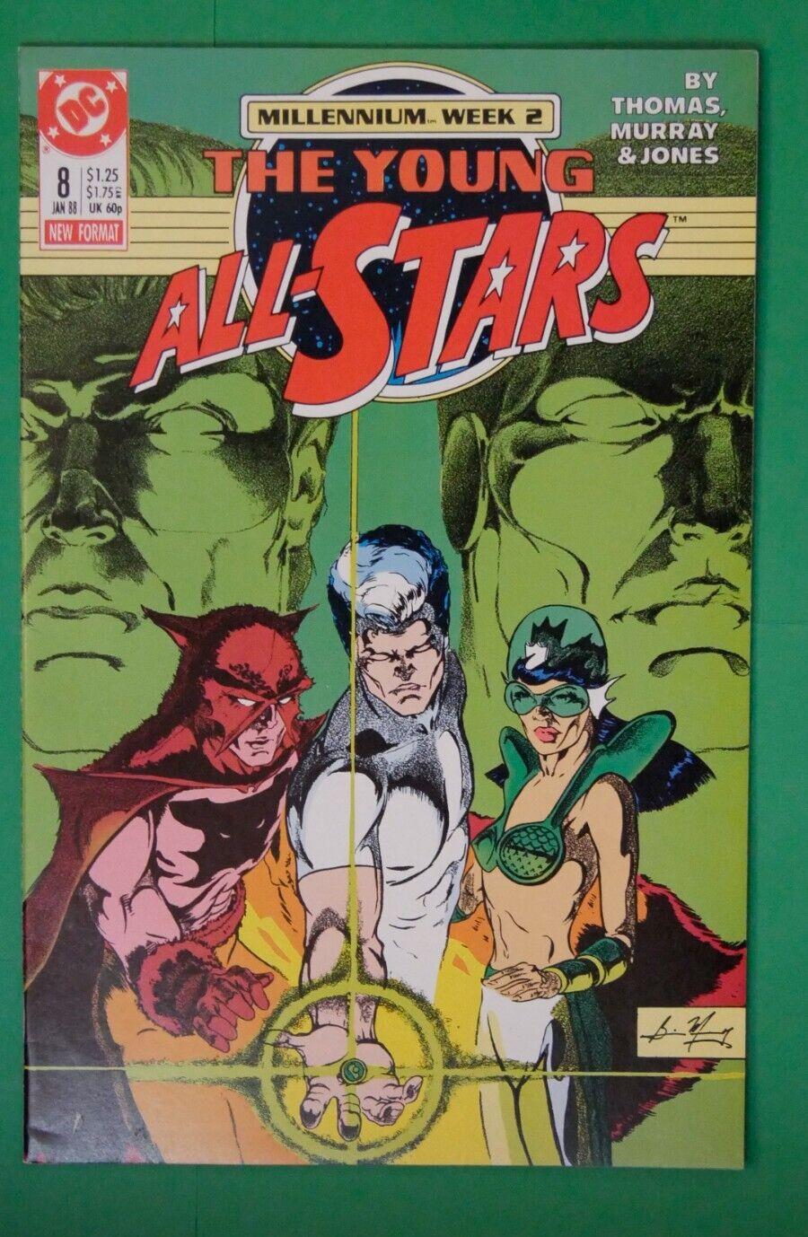 Cover of The Young All-Stars #8 DC Comics January 1988 Millennium Week 2 issue featuring a team lineup against a green background.