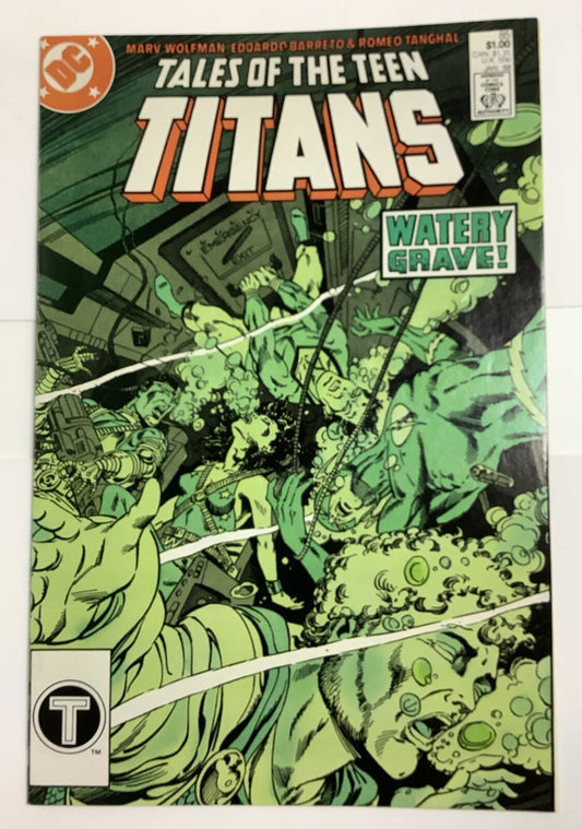 Tales of the Teen Titans #85 cover with Titans trapped underwater in a chaotic green scene titled Watery Grave
