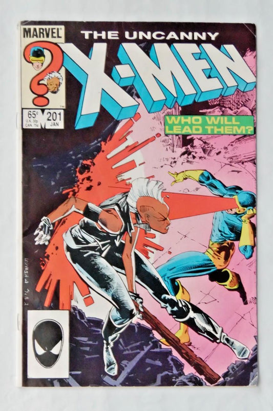 The Uncanny X-Men #201 (1986) Direct Edition cover featuring Storm vs Cyclops duel
