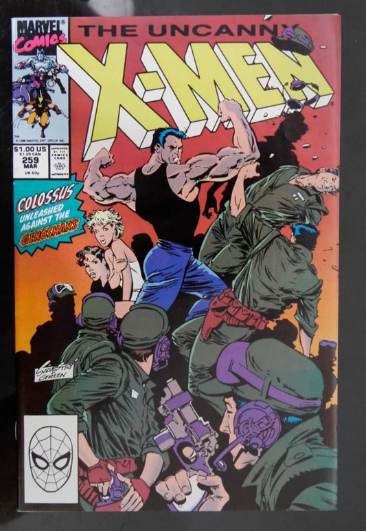 Uncanny X-Men #259 comic book cover from Marvel Comics featuring Colossus in battle.