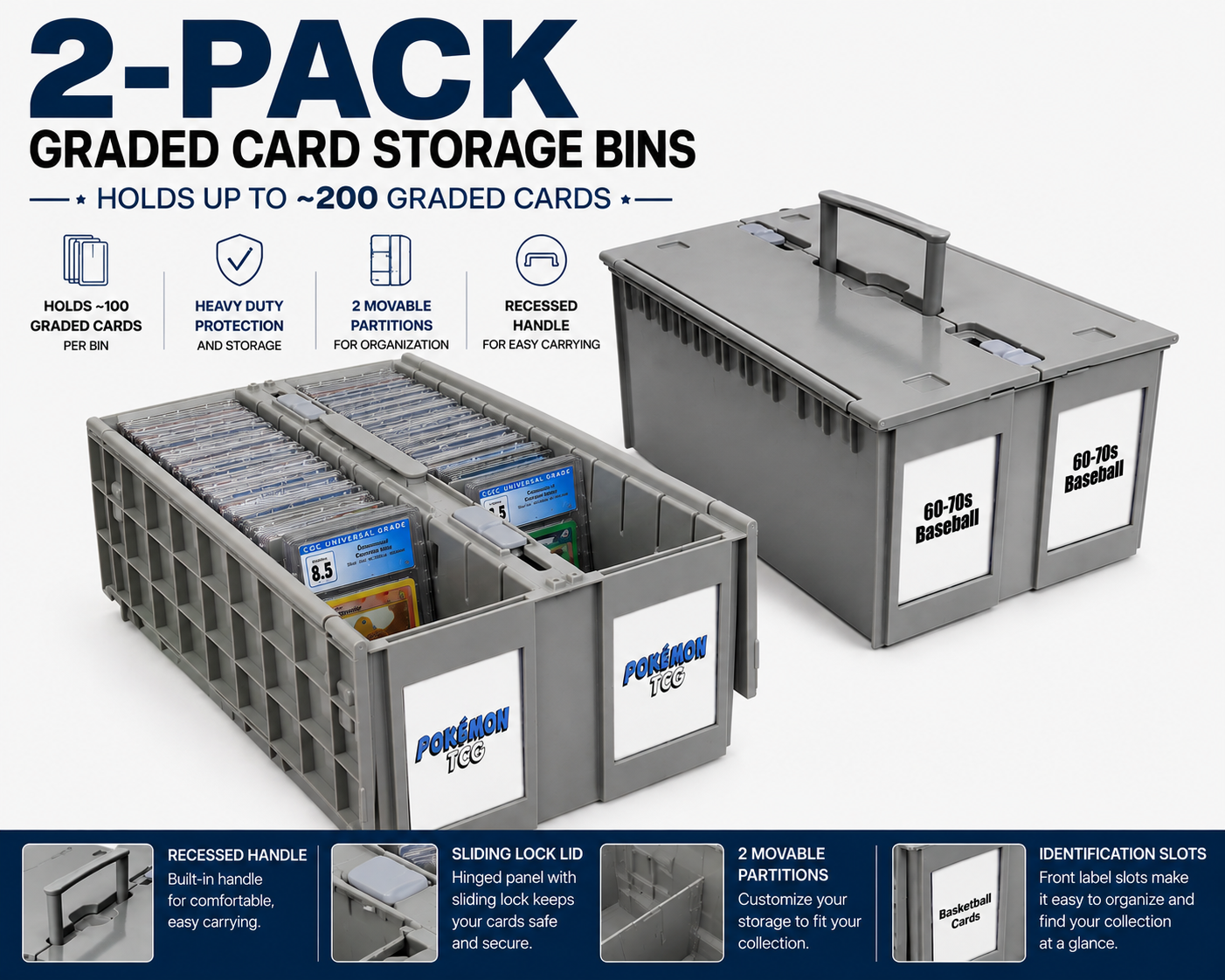 BCW 2-pack 2-row graded card storage bins for PSA, BGS, SGC and CGC slabs