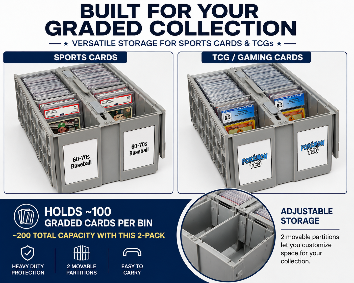 BCW 2-Pack Graded Card Storage Bins 2-Row Gray PSA BGS SGC CGC Slab Holder