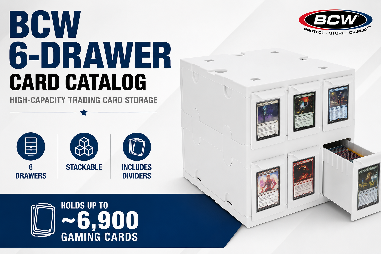 BCW 6 Drawer Card Catalog white trading card storage box for TCG and sports cards