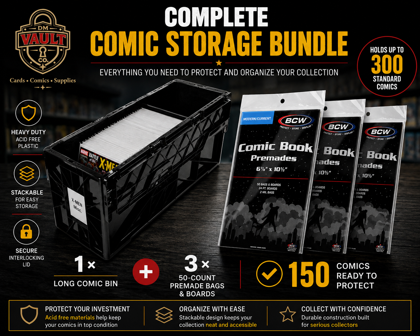 CW comic storage bundle with long comic book bin and 150 Modern/Current premade bags and boards