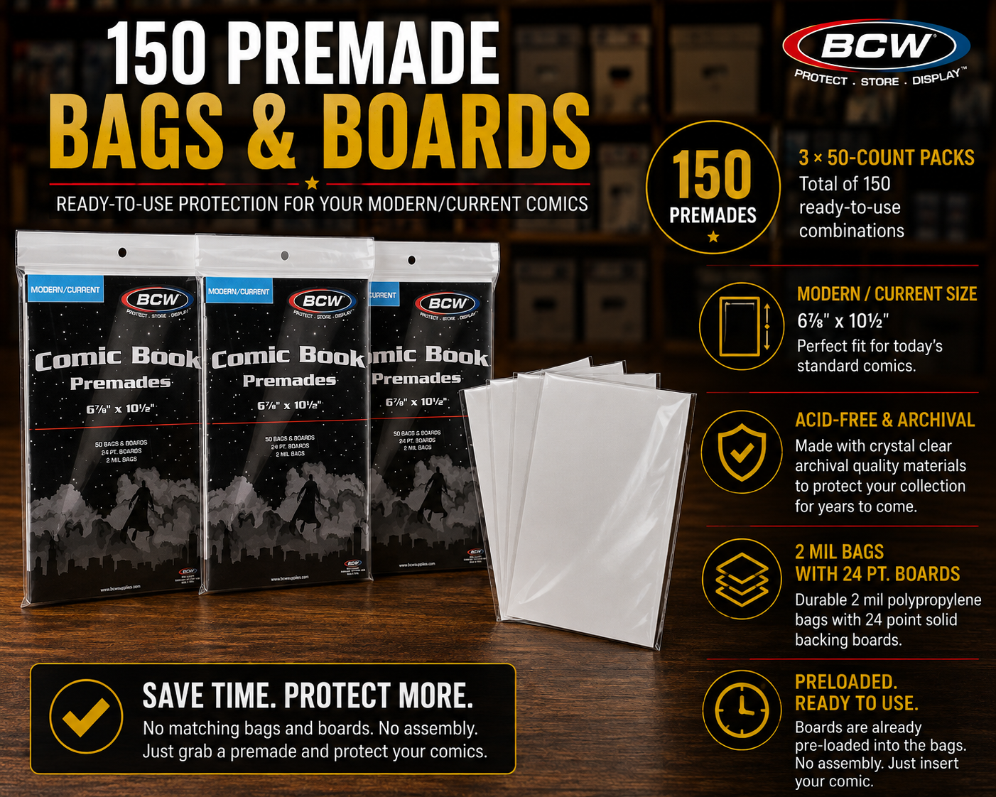 BCW Long Comic Book Storage Bin + 150 Premade Bags & Boards Bundle