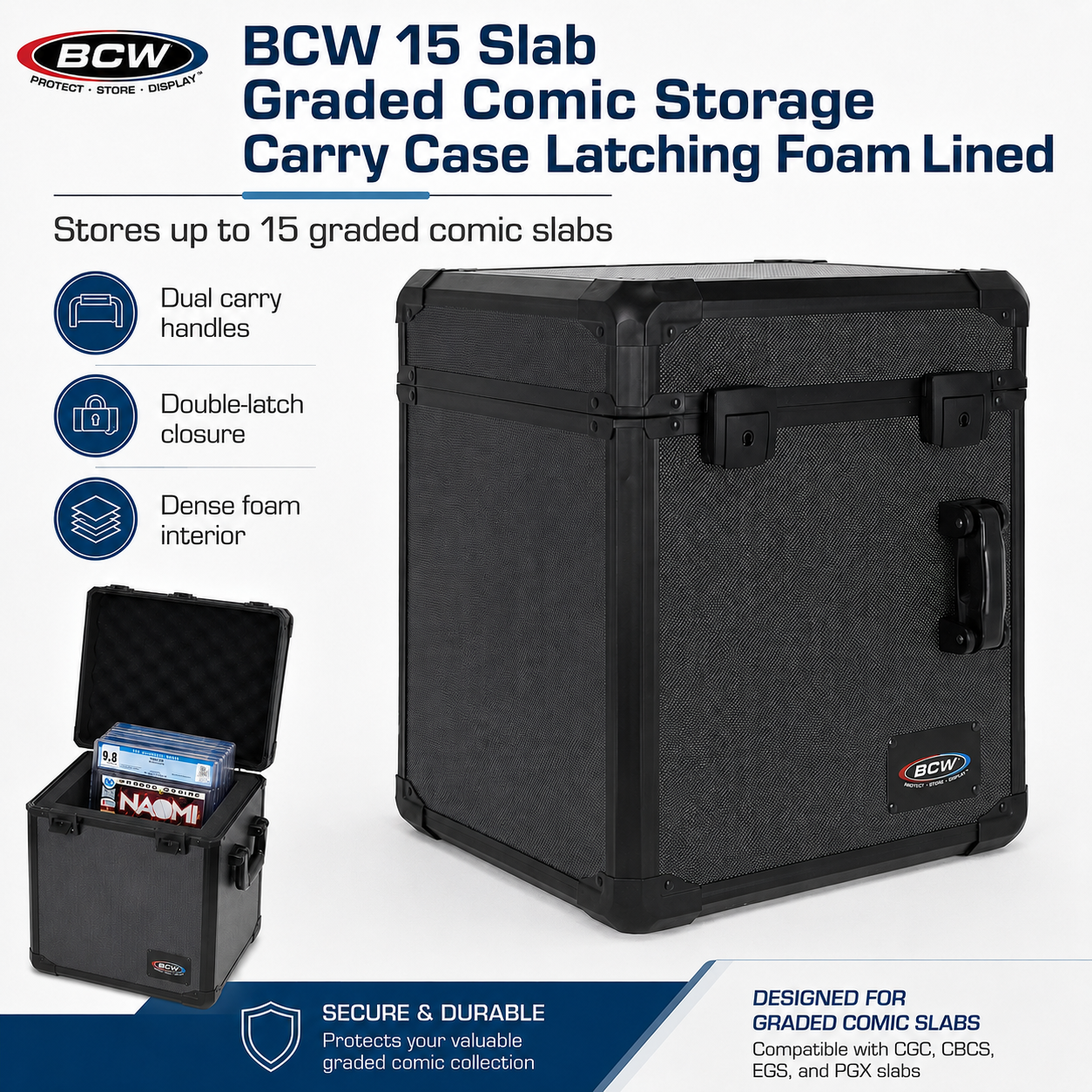 BCW black graded comic storage carry case holding up to 15 slabbed comics with foam interior and latching closure