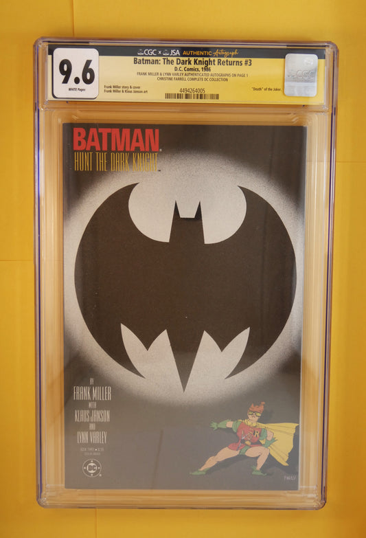 Dual-signed by Frank Miller and Lynn Varley, this CGC 9.6 gold label copy of Batman: The Dark Knight Returns #3 (1986) features the “Death of the Joker” and stands as a true modern Batman masterpiece.