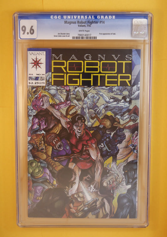 Magnus Robot Fighter #14 (1992) CGC 9.6:  High-grade CGC 9.6 copy featuring the first appearance of Tzak — a sharp, display-ready Valiant key with white pages, vibrant colors, and classic Jim Shooter storytelling.