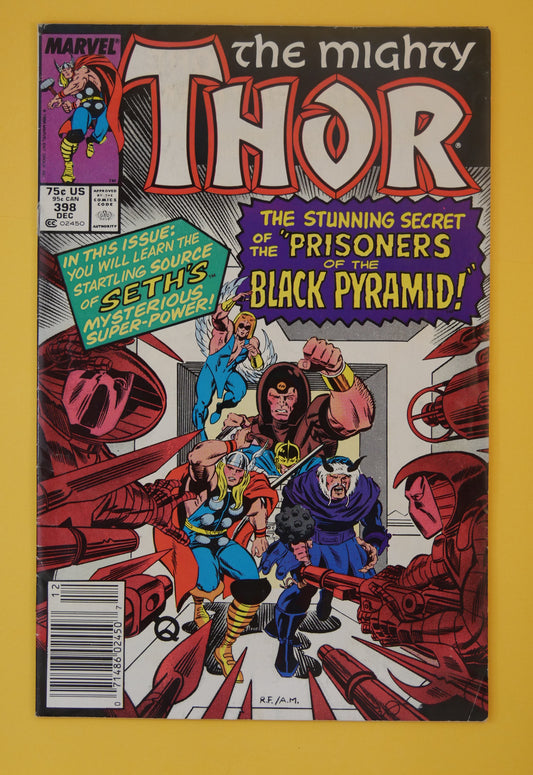 The Mighty Thor #398 (1988) Newsstand Edition – Thor and Asgardians battling inside the Black Pyramid cover
