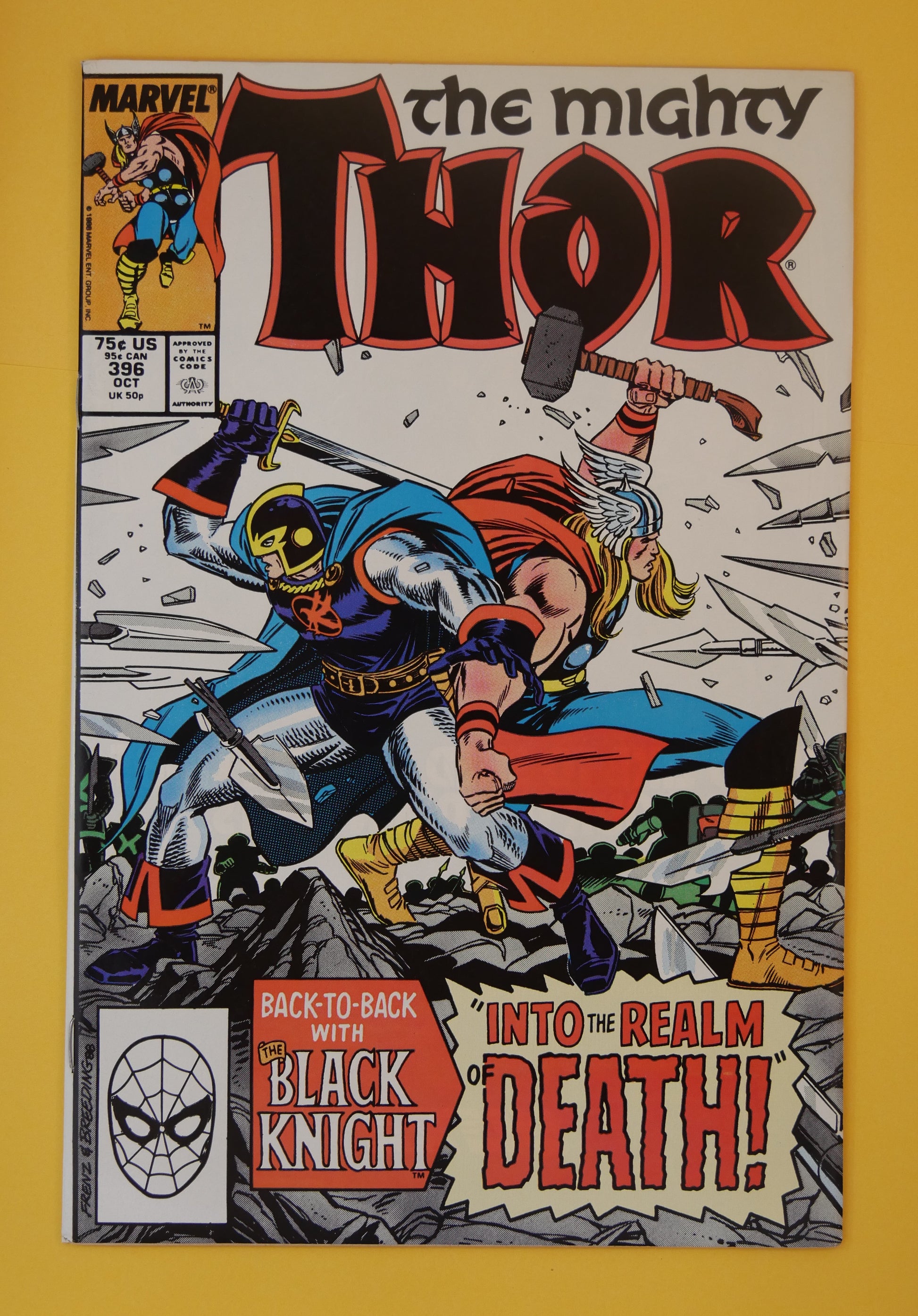 The Mighty Thor #396 (1988) Direct Edition – Thor and Black Knight battle cover
