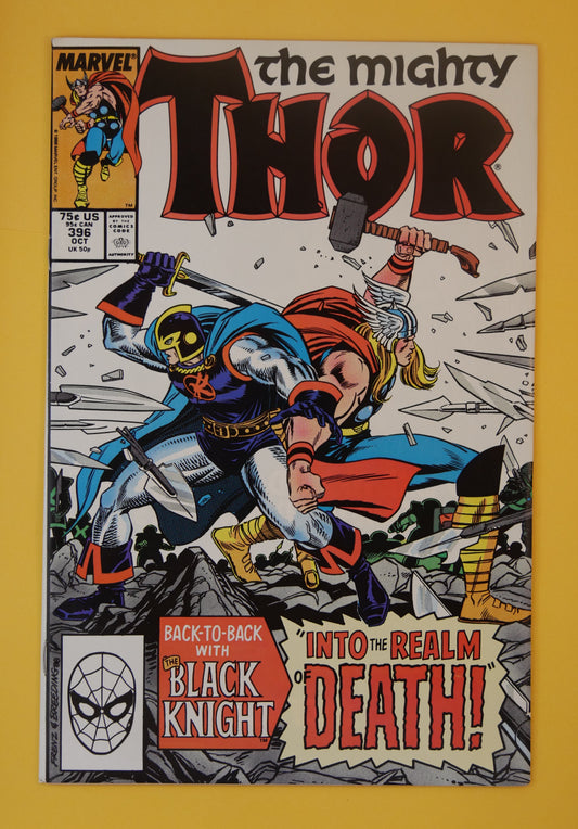 The Mighty Thor #396 (1988) Direct Edition – Thor and Black Knight battle cover
