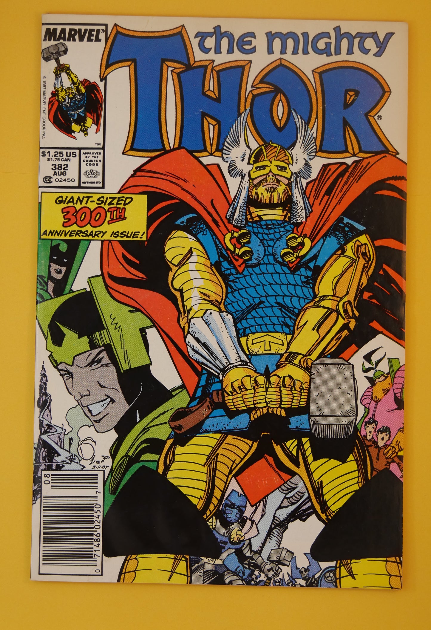 The Mighty Thor #382 (1987) Newsstand Edition – Giant-sized 300th anniversary issue with armored Thor and Loki
