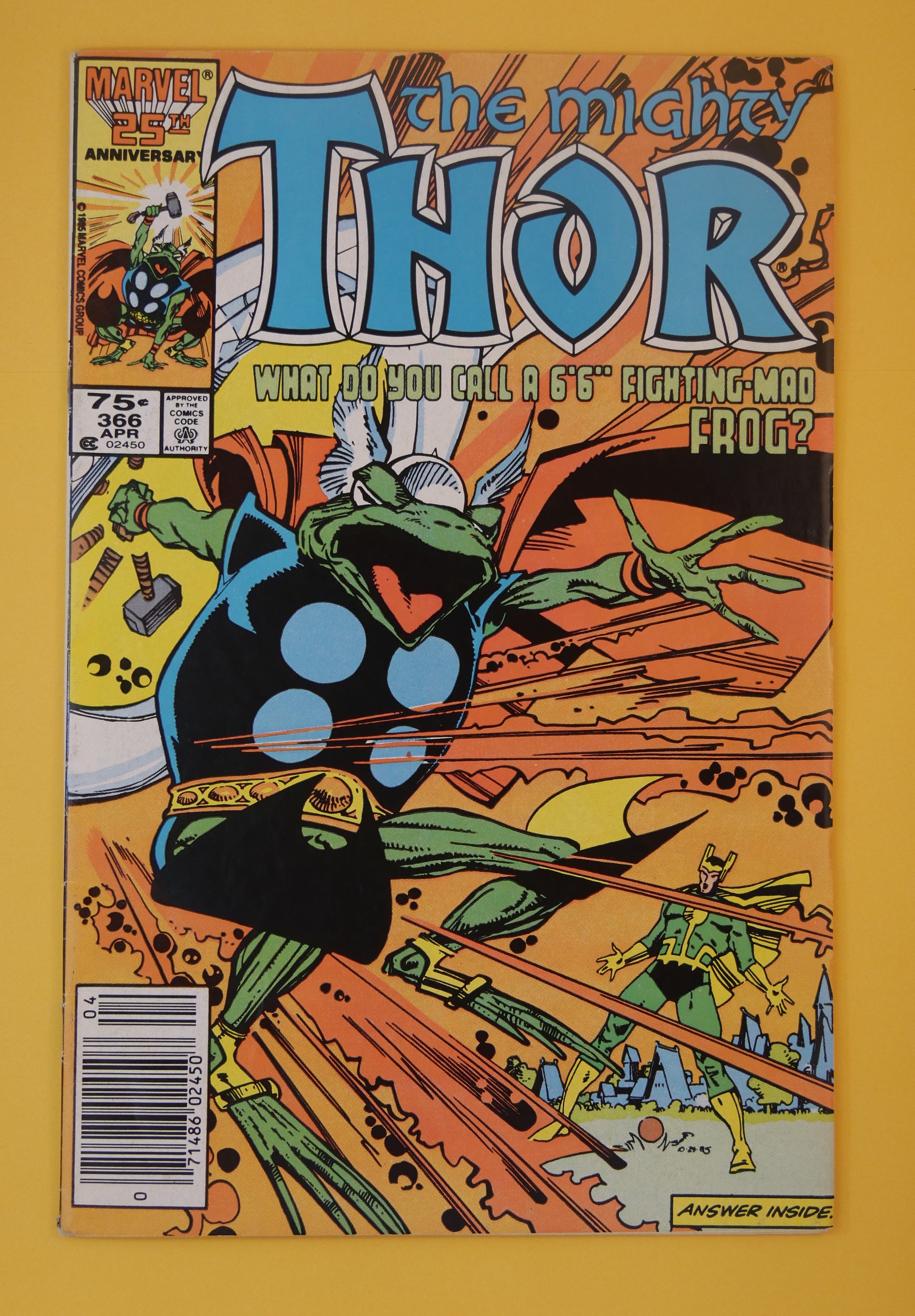 The Mighty Thor #366 (1986) Direct Edition – Thor as a frog (“Throg”) cover

