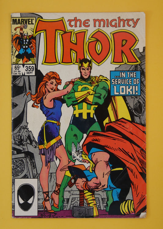 The Mighty Thor #359 (1985) Direct Edition – Marvel Comics cover featuring Loki and Thor
