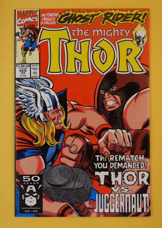 The Mighty Thor #429 (1991) Direct Edition – Thor battling Juggernaut on dynamic action cover
