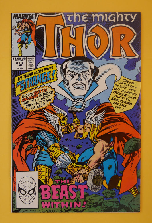The Mighty Thor #413 (1990) Direct Edition – Thor fighting armored Thor with Doctor Strange cover
