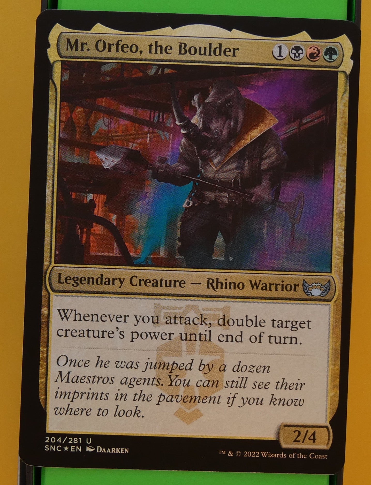 Mr Orfeo the Boulder foil SNC 204 MTG legendary rhino warrior power doubling card