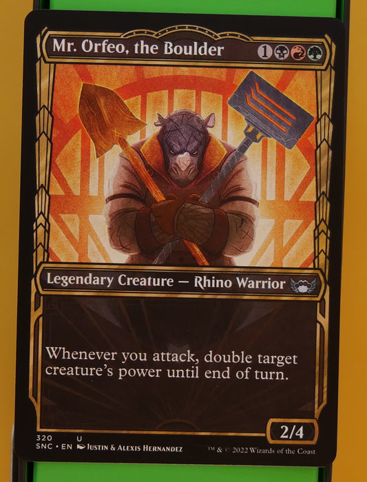 Mr Orfeo the Boulder SNC 320 MTG showcase legendary rhino warrior doubles power attack card