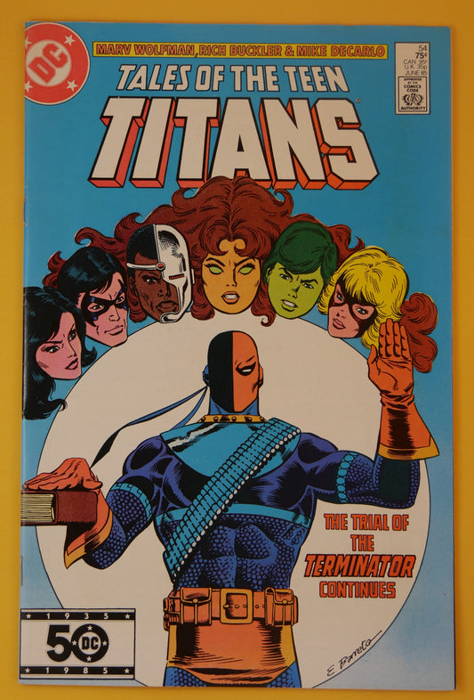 Tales of the Teen Titans #54 comic book cover with Deathstroke on trial (DC Comics 1985 Direct Edition)
