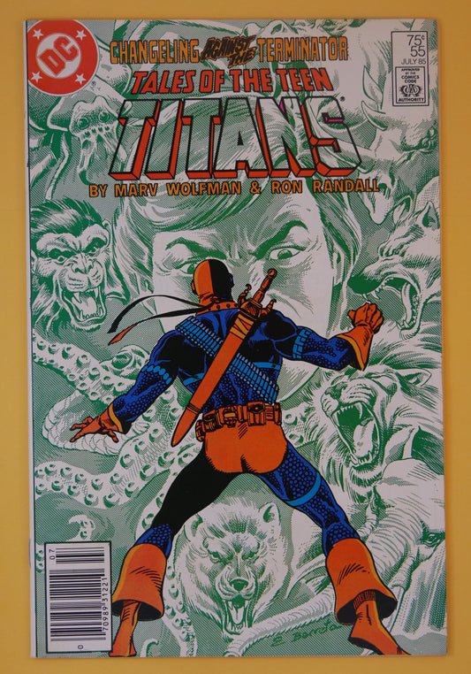 Tales of the Teen Titans #55 comic book cover with Deathstroke and Changeling (DC Comics 1985 Newsstand Edition)
