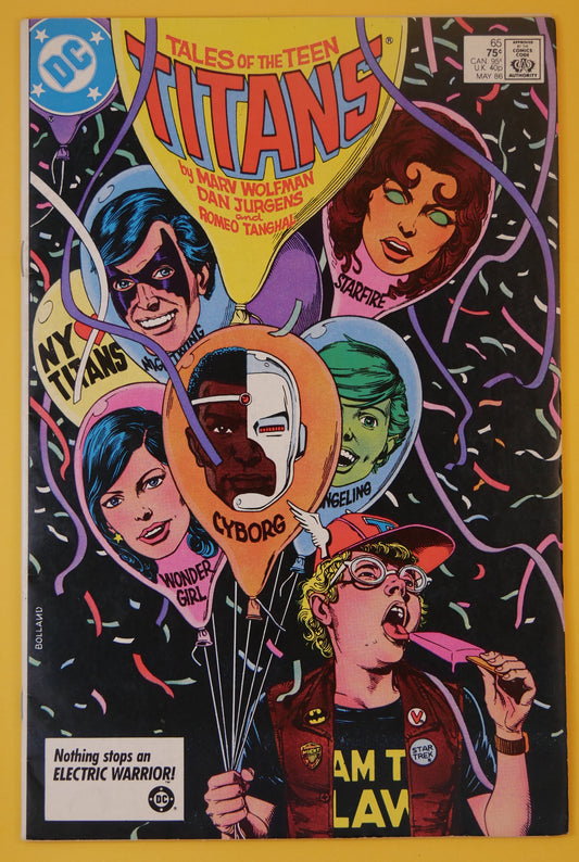Tales of the Teen Titans #65 (1986) Direct Edition cover with Titans balloon party and Cyborg balloon
