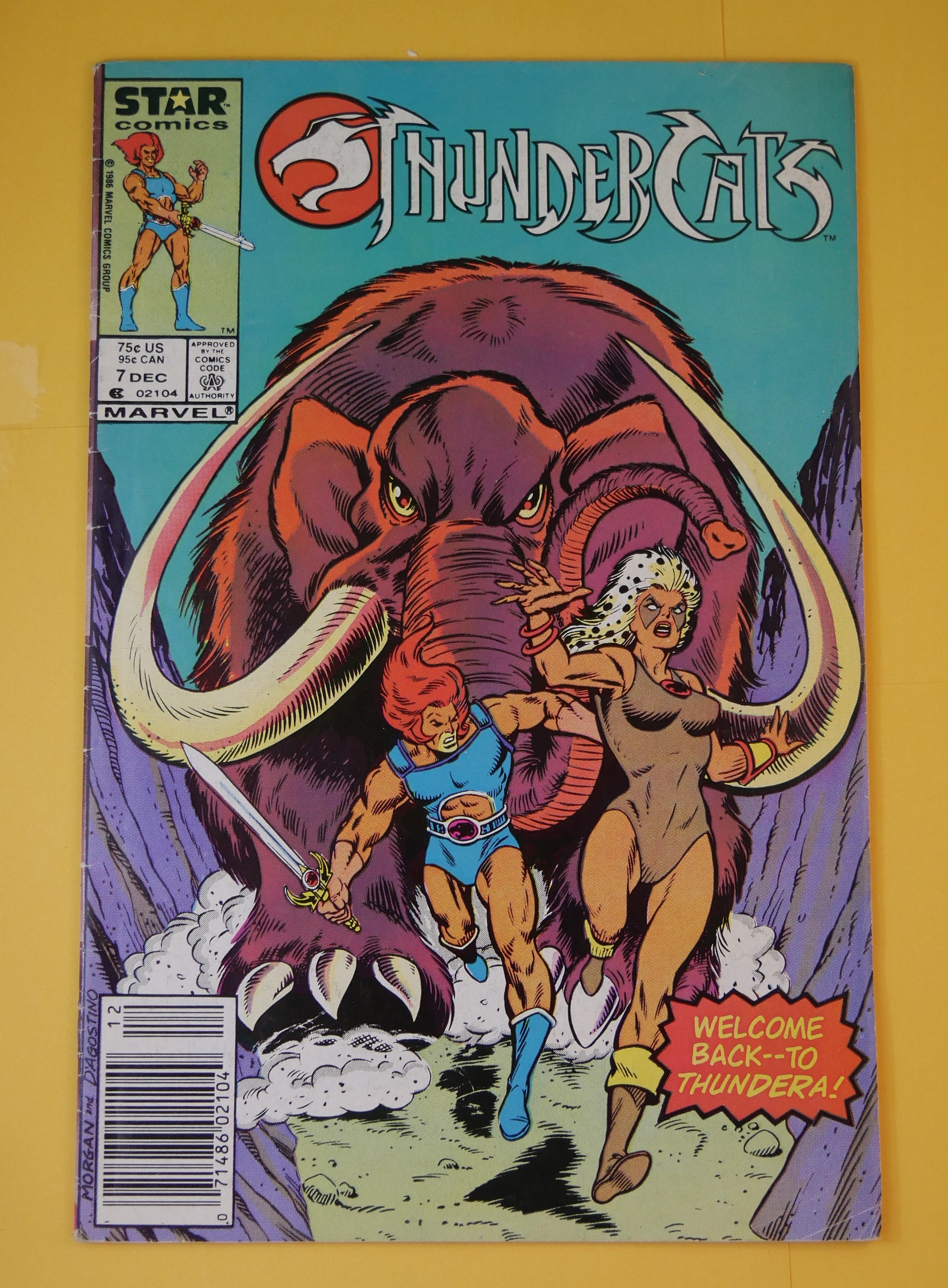 Thundercats #7 (1986) Newsstand comic cover with Lion-O, Cheetara, and charging mammoth

