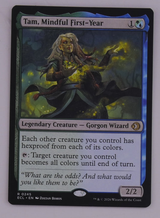 Tam, Mindful First-Year MTG Legendary Gorgon Wizard ECL 0245 regular finish card art DM Vault Co