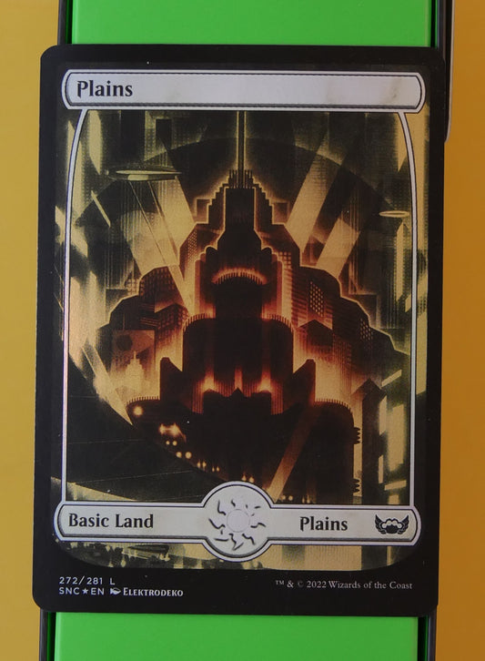 Foil Plains art-deco full-art basic land from Streets of New Capenna MTG
