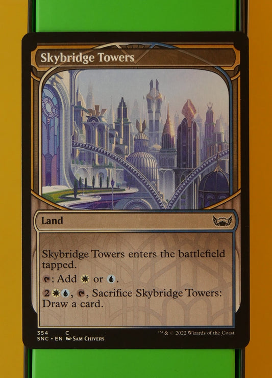 Skybridge Towers showcase dual land from Streets of New Capenna MTG
