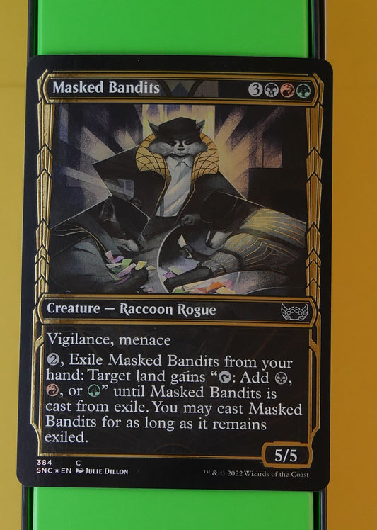 Masked Bandits gilded foil showcase MTG card from Streets of New Capenna (#384)