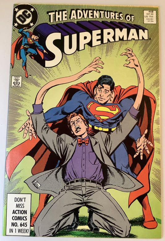 Cover of Adventures of Superman #458 featuring Superman restraining an elastic-transformed Jimmy Olsen.