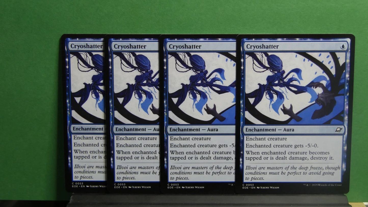 Four Cryoshatter enchantment cards from Edge of Eternities MTG laid out side by side