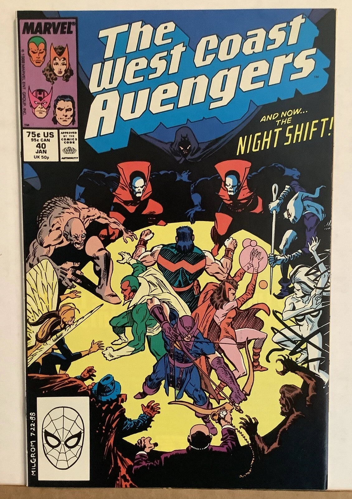 West Coast Avengers 40 Marvel Comics 1989 cover featuring Moon Knight and the Night Shift villain team
