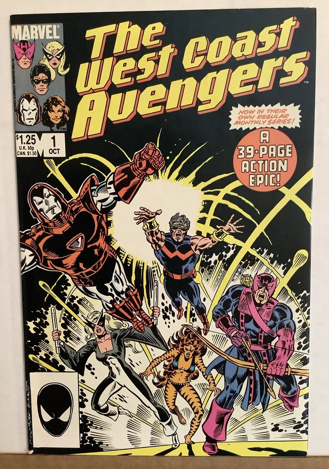 West Coast Avengers 1 Marvel Comics 1985 cover featuring Hawkeye Iron Man and Avengers team battle scene