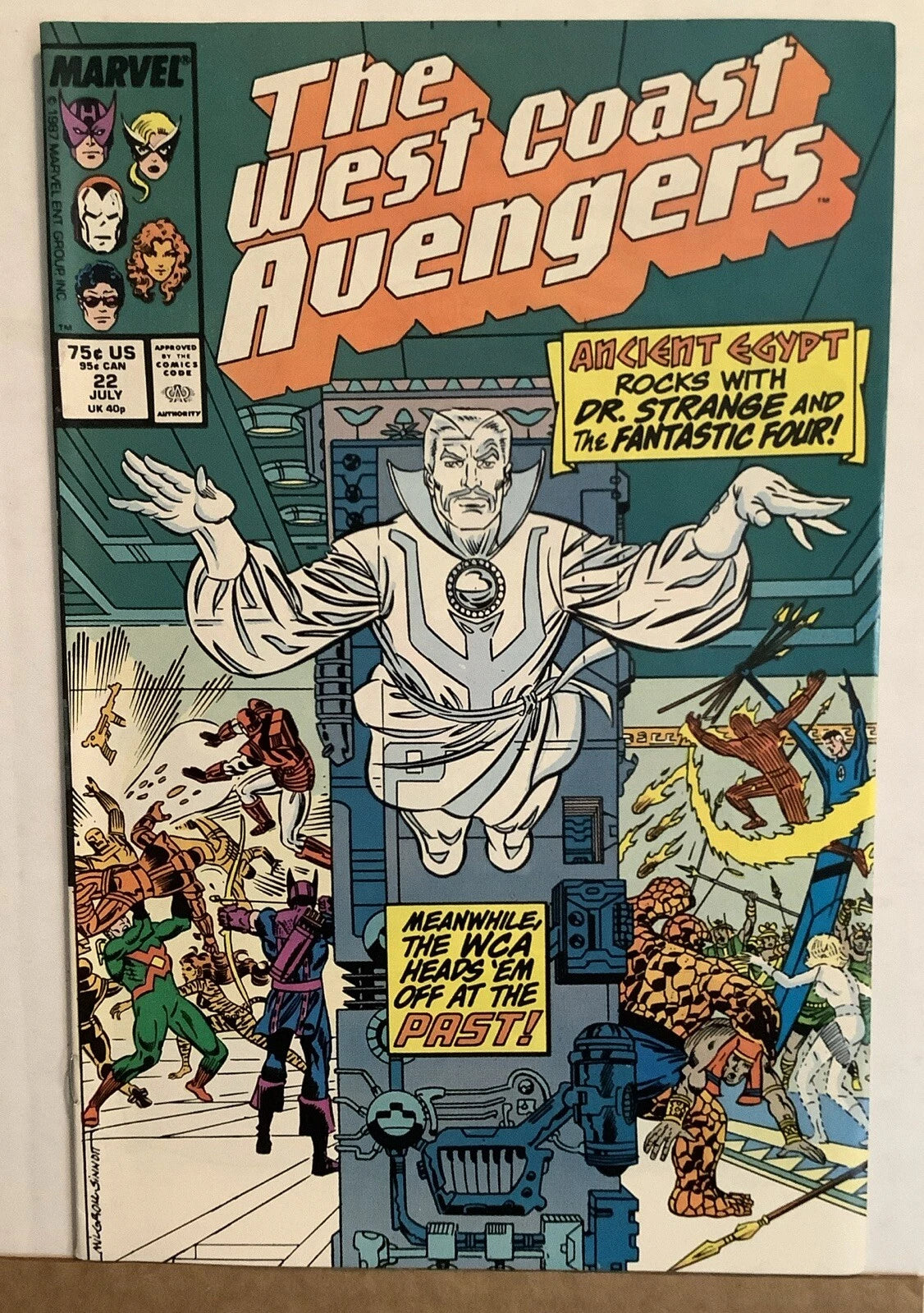 West Coast Avengers 22 Marvel Comics 1987 cover featuring Doctor Strange and Fantastic Four crossover action