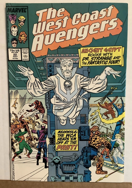 West Coast Avengers 22 Marvel Comics 1987 cover featuring Doctor Strange and Fantastic Four crossover action