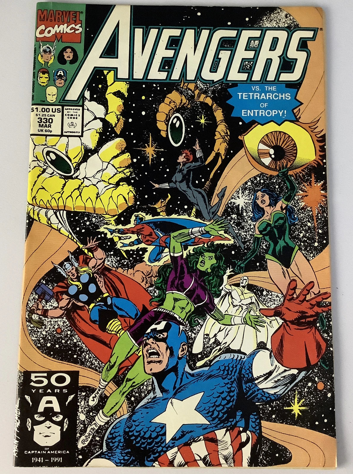 Avengers 330 Marvel Comics 1991 cosmic cover featuring Captain America Thor and She-Hulk