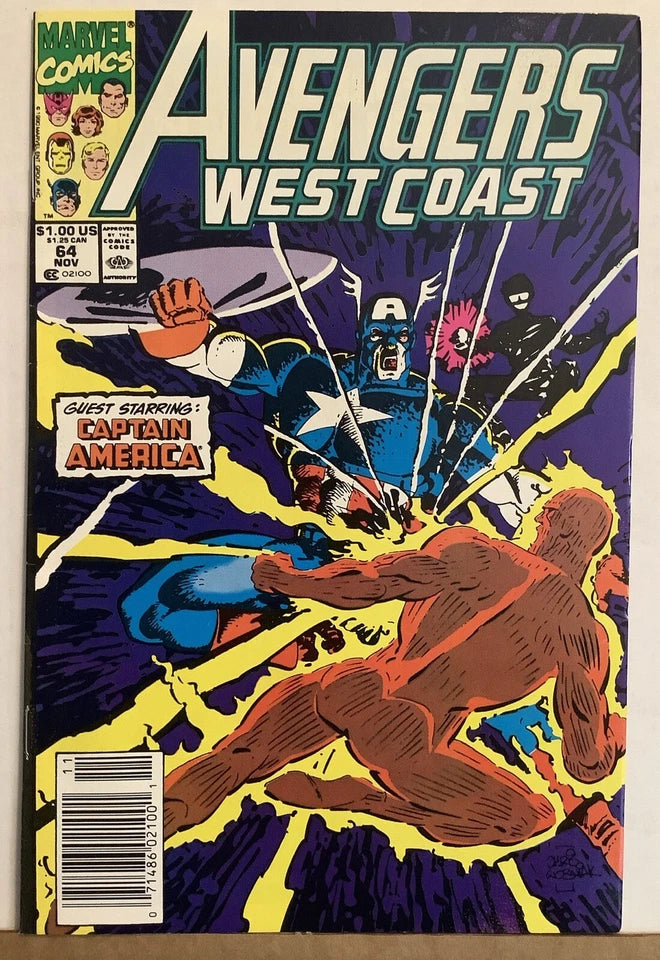 Avengers West Coast 64 Marvel Comics 1990 cover featuring Captain America in action battle scene
