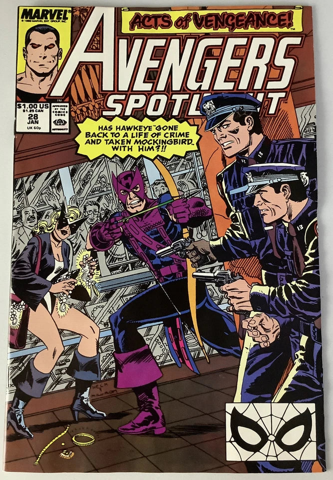 Avengers Spotlight 28 Marvel Comics 1990 Hawkeye and Mockingbird cover art