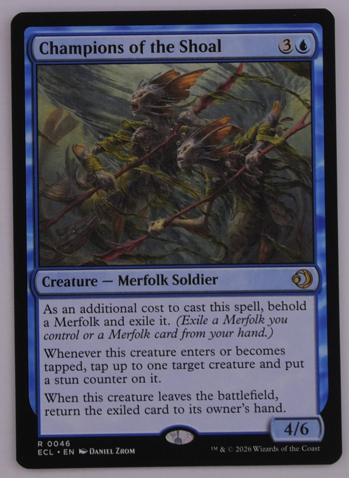 Champions of the Shoal MTG card from Lowryn: Eclipsed, ECL 0046, Merfolk Soldier with stun counter control, regular finish